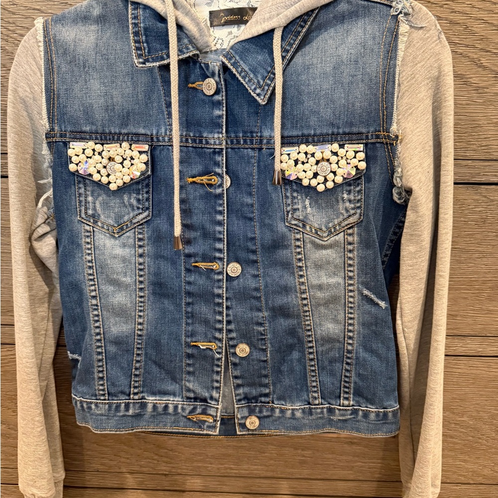 Embellished Blue Jean Jacket with Gray Sleeves